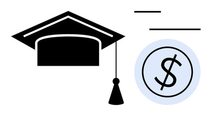 Graduation cap next to dollar coin representing knowledge value, education costs, saving for college, or scholarship. Ideal for learning, finance, achievement, goals, investment aspirational simple