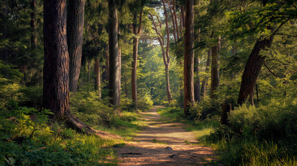 Naklejka premium serene forest path with dappled sunlight filtering through the trees. 