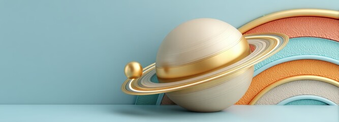 Minimalist 3D Saturn with gold rings and Enceladus icon in soft sky-blue background