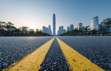 Empty asphalt road bisected by double yellow lines leads to a modern city skyline at sunrise, showcasing tall skyscrapers and a clear blue sky