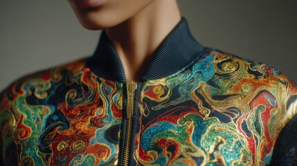 Silk bomber jacket close-up showcasing vivid swirl patterns and smooth satin
