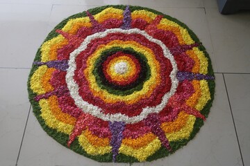 pookalam designs for onam celebrations , pookalam made for part of onam celibration in kerala, india. it also referred to as athapookalam, is often made in a circular shape with flowers on floor
