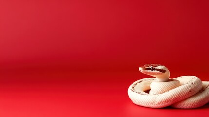 Obraz premium Coiled snake on red background a macro still life of a reptile