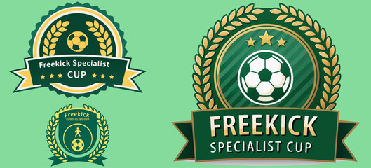 Obraz premium Freekick Specialist Cup football badge with soccer ball icon, star-accented wreath, and layered ribbon design for league and competition branding