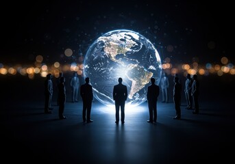 Fototapeta premium Group of people looking at a glowing earth globe in a dark environment with city lights behind them