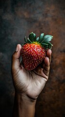 Obraz premium A hand holding a red strawberry. Concept of freshness and natural beauty