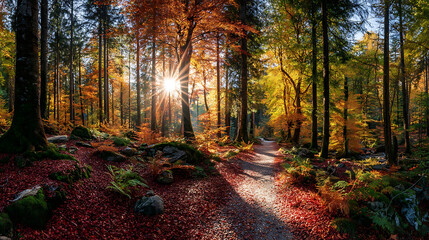 Golden sunbeams pierce through vibrant autumn forest foliage illuminating a winding path golden light