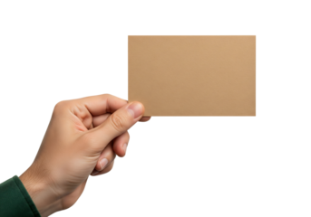 Hand holding blank brown craft paper business card. Cardboard mockup. Isolated on transparent background, png