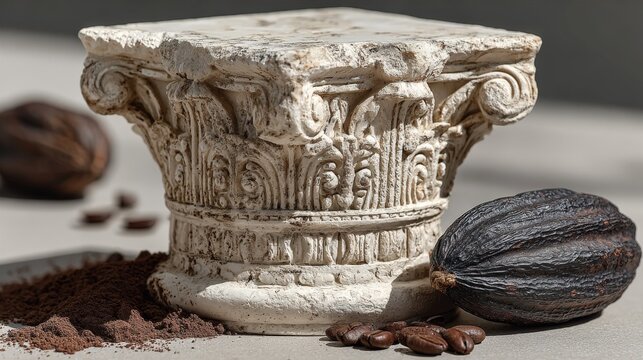 Fototapeta Neo-Classical chocolate column capital with cocoa and beans under soft gray light