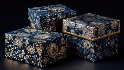 Three navy blue gift boxes with gold floral patterns, varying sizes, arranged on a dark background