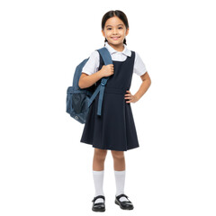 A young girl wearing a school uniform smiles, holding a backpack