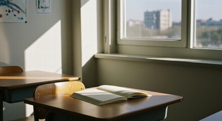 Open Book on Wooden Desk in Classroom with Sunlight Streaming Through Window