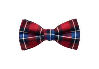 Red, blue and black plaid bow tie. Classic formal fashion accessory. Isolated on transparent background, png
