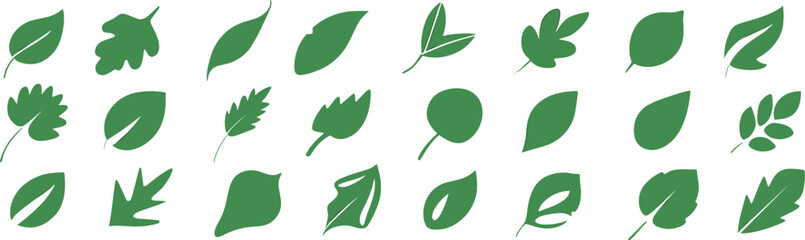 Green leaf silhouette set, botanical shape collection, nature foliage icons, diverse leaf designs, vector clipart bundle, plant illustration pack