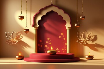 Traditional Diwali Decor with Lit Diyas, Ornate Archway, and Glowing Lotus Motifs on Festive Background – AI-Generated