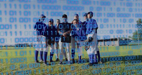 Eight female baseball players gathering for strategy breaking huddle with binary overlay glitching - Powered by Adobe