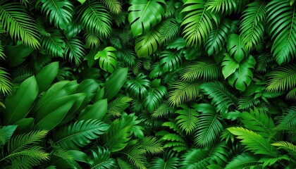 Verdant canopy of tropical foliage featuring vibrant green leaves and a variety of botanical textures creating a dense natural wall