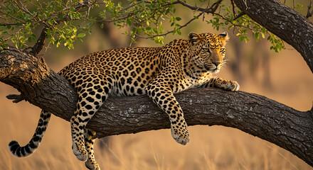 Leopard Lounging on a Tree Branch Wildlife Majesty