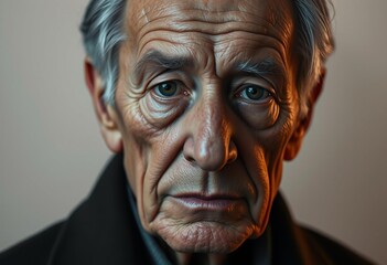 Photorealistic natural light old male portrait on a cold colored pastel background