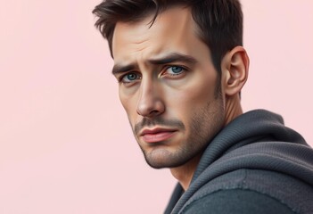 Obraz premium Photorealistic natural light portrait of a male individual with a cold, pastel-colored background