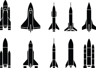 Rocket and shuttle silhouette set, aerospace vehicle designs, space exploration icons, black vector clipart, launch system bundle, satellite mission artwork