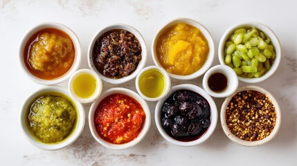An assortment of vibrant sauces and dips in small bowls, perfect for enhancing any dish with flavor and color.