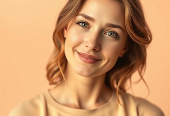 Obraz premium Photorealistic natural light portrait of a female on a warm pastel background
