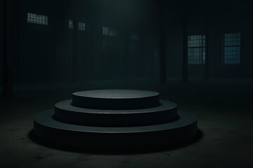 Fototapeta premium A mysterious dark scene features a stage, illuminated, evoking a sense of anticipation, focus, and mystery, the stage invites speculation.