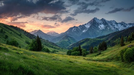 Fototapeta premium Breathtaking mountainous landscape at sunset, showcasing vibrant colors and lush green valleys.