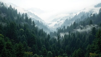 Lush, evergreen woodland on rolling hills shrouded in misty air, creating a tranquil and peaceful natural landscape scene