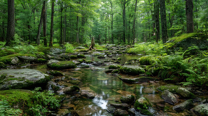Obraz premium Lush green forest stream with moss covered rocks and flowing water river