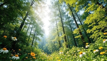 Obraz premium Sunlight filtering through the tall trees, illuminating a field of vibrant wildflowers in a lush forest clearing