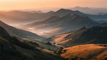 Fototapeta premium Breathtaking view of rolling hills at sunset, highlighting the beauty of nature and serene landscapes.