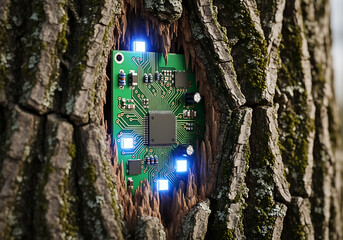 Green Circuit Board with Glowing Blue Lights Embedded in Tree Bark Symbolizing Nature and Technology Integration
