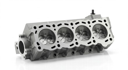High-Angle Studio Shot of a New, Unused, Engine Cylinder Head, on White Background
