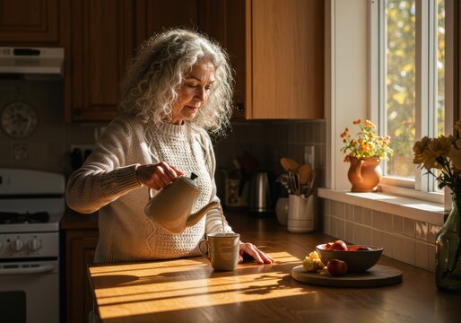 An older woman enjoys a peaceful morning, pouring tea in her sunlit kitchen - Powered by Adobe