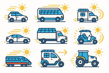 Solar Vehicles Icons Colored Flat Design Vector Energy Movement Motion