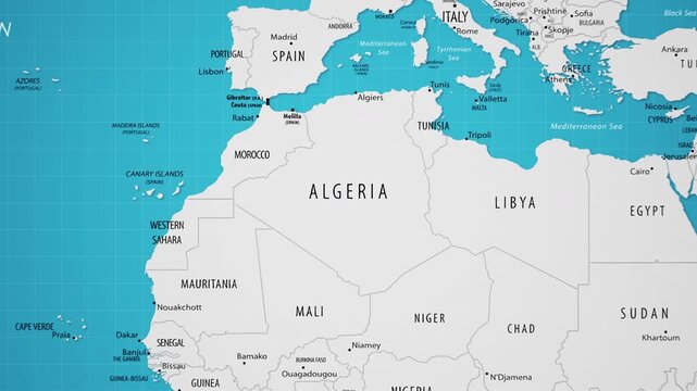Algeria on the World Map with Animated National Flag