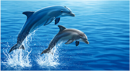 Fototapeta premium Two Dolphins Leaping from Ocean Waters in Artistic Style