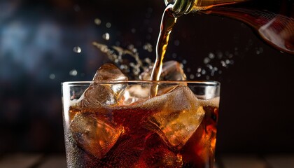 a close up shot captures a cola drink being poured against a dark backdrop