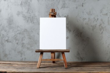 A blank white canvas sits on a rustic wooden easel against a textured gray wall.  The scene is minimalist and evokes a feeling of artistic potential
