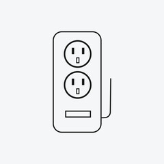 Power Strip with Switch Line Art Icon, Simple Two-Socket Extension Cord Outline, Electrical Outlet Multiplier Symbol, Modern Vector Graphic for Electronics and Power Supply.