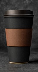 A tall black disposable coffee cup with a brown paper sleeve and dark lid sits on a dark gray surface against a mottled dark background