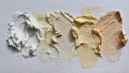 Four creamy, textured paint swatches, ranging from off-white to pale peach, are displayed in a gradient on a neutral background.  The strokes show the consistency and texture of the paints