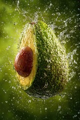 A halved avocado, glistening with water droplets, is suspended in mid-air against a blurred green background, water splashing dynamically around it