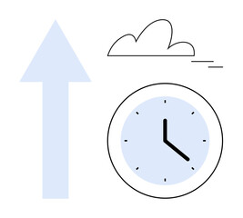 Clock with sleek design, cloud with motion lines, and upward arrow. Ideal for time management, progress, productivity, success, growth efficiency innovation. Clean minimal flat metaphor