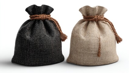 Two burlap sacks, one black, one beige, both tied with brown rope, stand on a white background