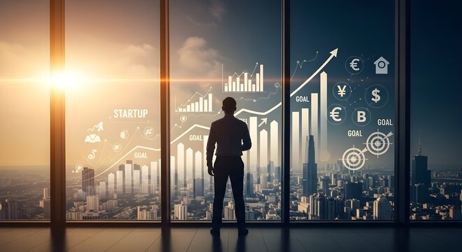 Businessman Looking at Financial Data and Cityscape