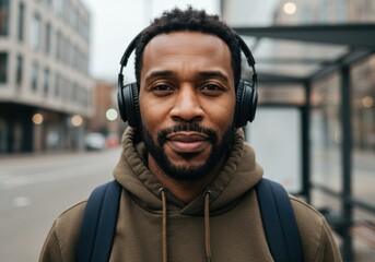 A young black man listens to music with headphones at a bus stop