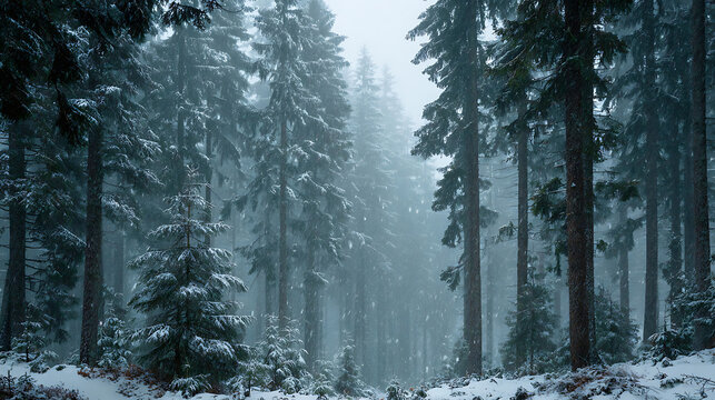Snowfall in a dense evergreen forest with tall trees and frosted branches winter